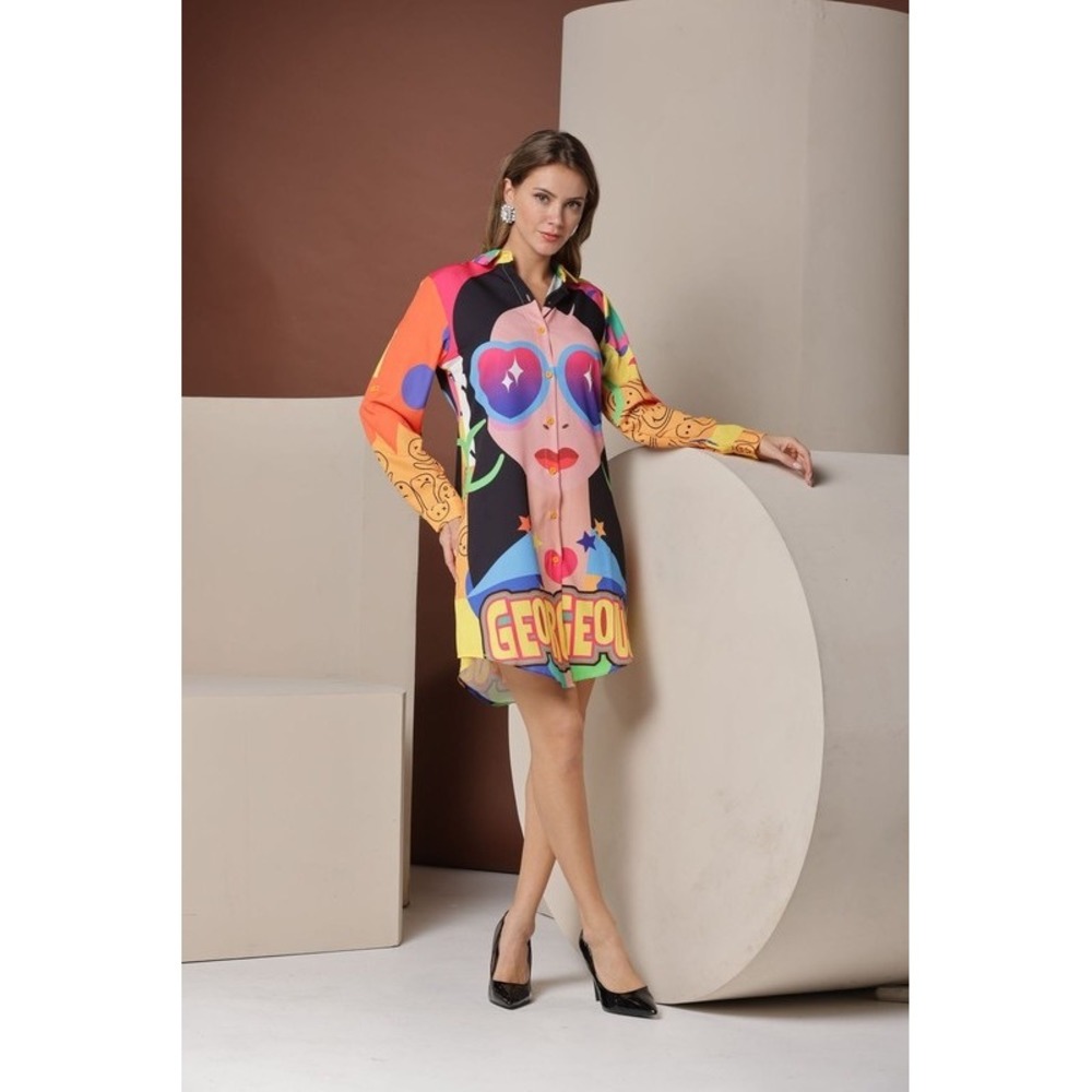 Denim Love Pop Art Graphic Shirt Dress Multicolor Gorgeous Print ‎ Small